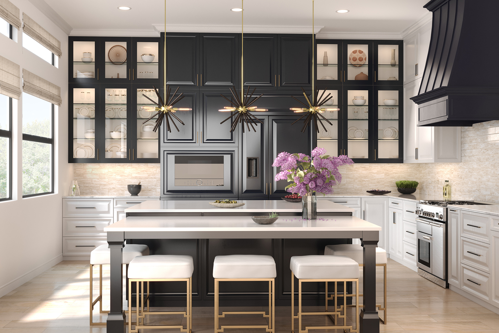 Luxury Kitchen with an island, pendant lighting, & black cabinetry